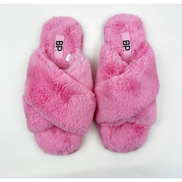 NWT BP Slippers Pink Faux Fur Ultra Padded Cross Cross Open Toed Sz. 10-11 - Picture 1 of 7